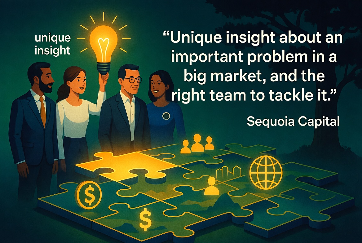 Sequoia Capital - “We look for two things: 1) a unique insight about an important problem in a big market, and 2) the right team to tackle it.”